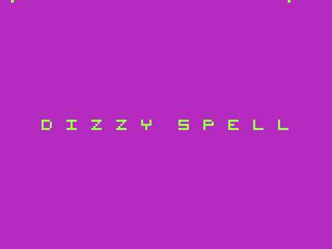 animated GIF that looks like a rainfall of green pixels over a field of magenta pixels. The words Dizzy Spell are centered horizontally and vertically in the same green that falls from the top